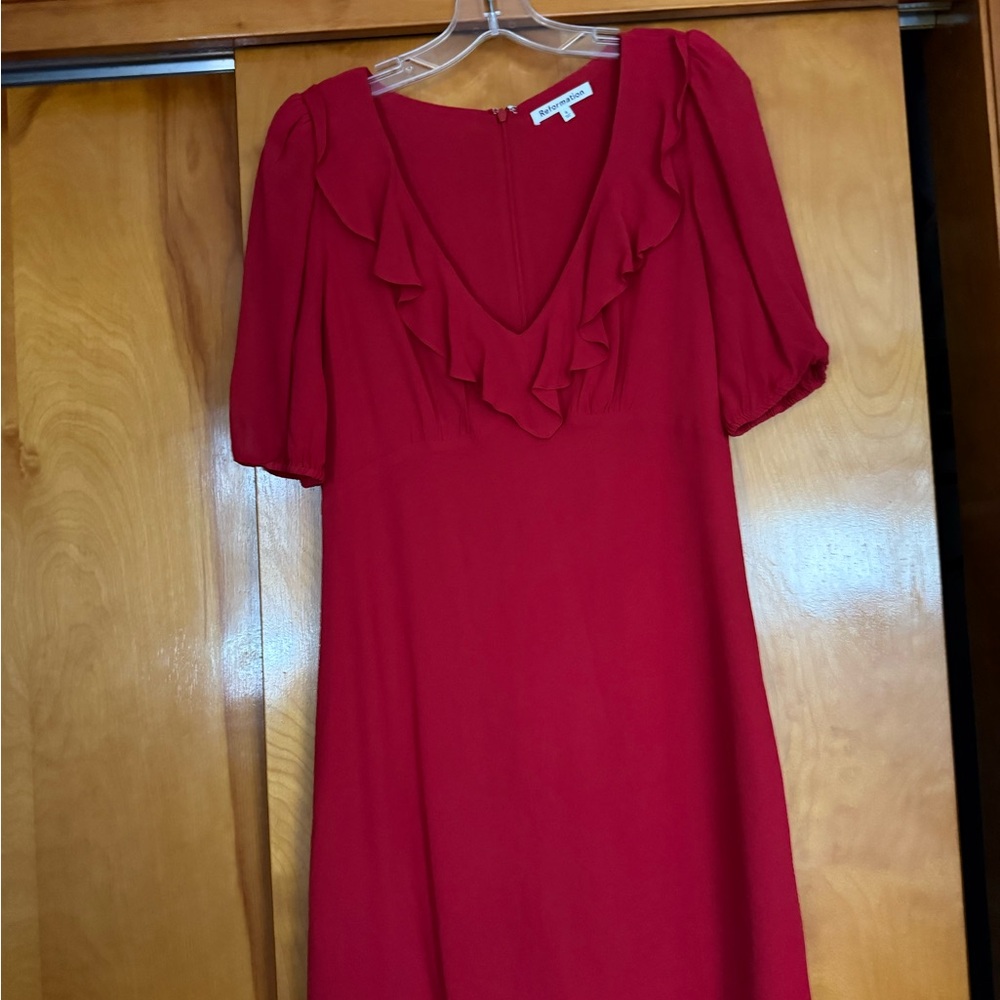 Reformation Red A-Line Dress with Puff Sleeves